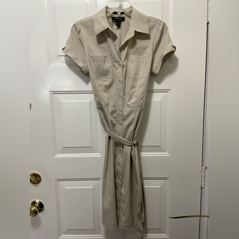 Vintage Fashion Military Army Beige Sports Button Office Stretch Belted Dress 8P